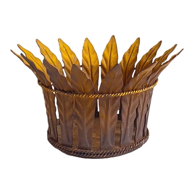 Vintage Metal Leaf Pot Plant Holder / Decorative Basket – Brass Bronze Tone - Crown Design For Sale