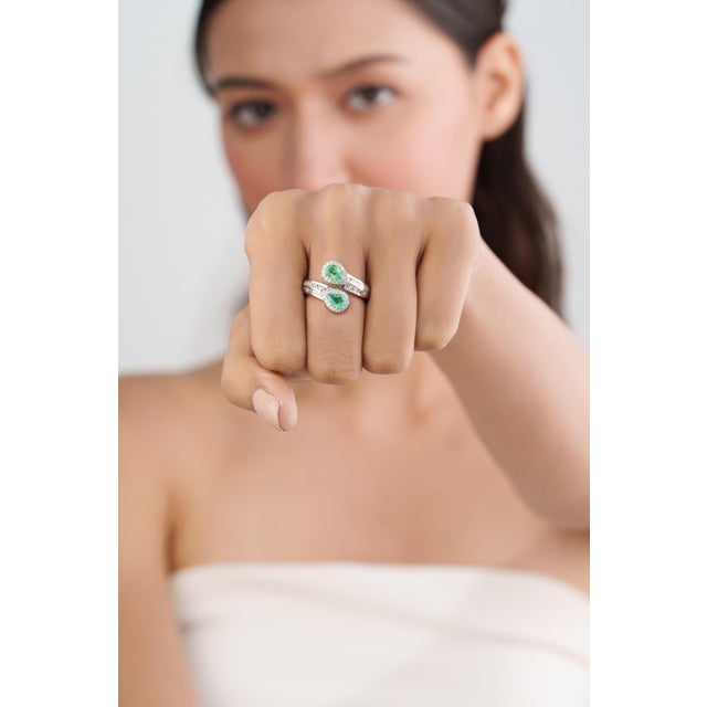 Kelly Green Contemporary Emerald Diamond Cluster Bypass Ring in 14k Gold Size 9 For Sale - Image 8 of 17