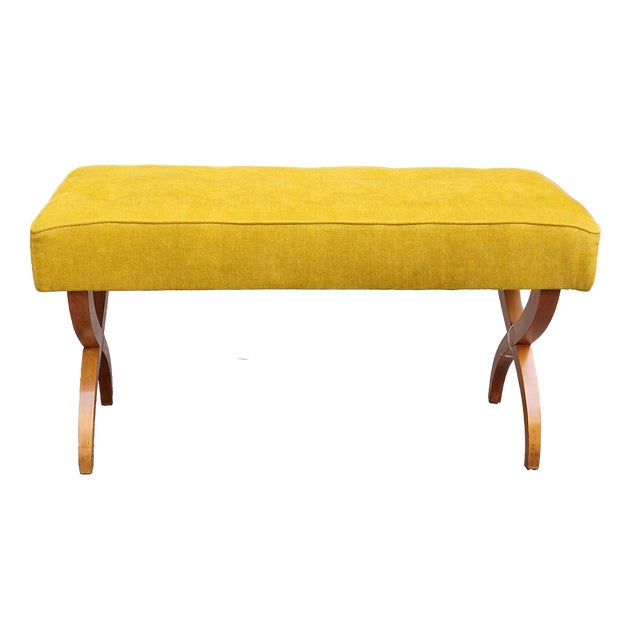 Bench with Light-Colored Crossed Wooden Legs and Yellow Fabric Seat, 1940s For Sale