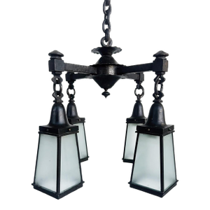1910s Arts and Crafts Wrought Iron, Glass 4 Lantern Chandelier With Canopy
