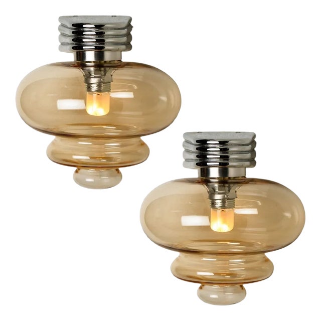 Amber Glass and Chrome Wall Light, 1970s For Sale