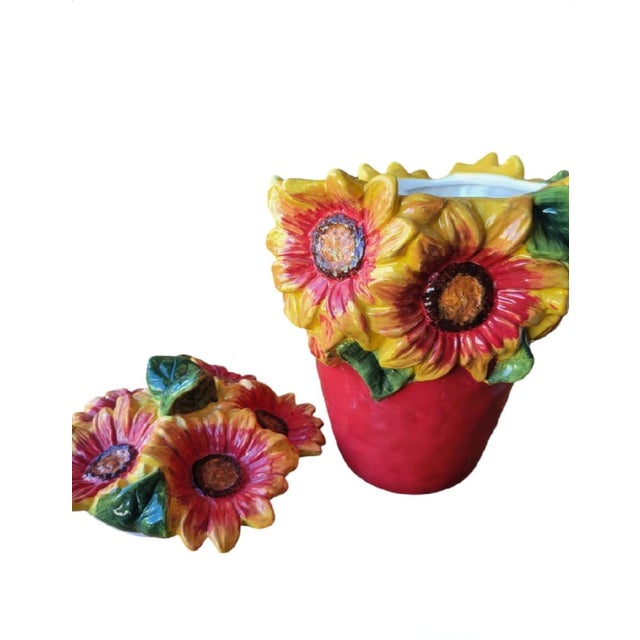 Traditional Vintage Red Yellow Ceramic Sunflower Apple Cookie Storage Jar For Sale - Image 3 of 7