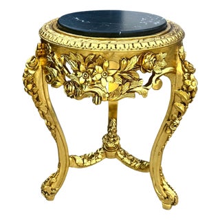 French-Style Gilded Side Table – Black Marble Top With Gold Leaf Floral Details For Sale