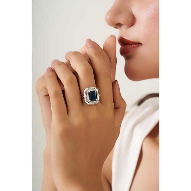 Traditional 3.63ct Emerald-Cut Blue Sapphire Diamond Victorian Ring in 18k White Gold Size 6.5 For Sale - Image 3 of 18