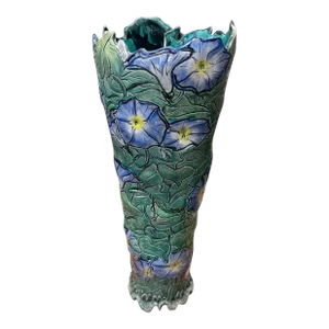 Vintage Morning Glory Garden Incised Art Pottery Vase