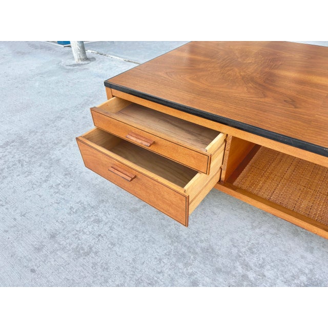 1960s Mid-Century Walnut Coffee Table With Four Drawers & Cane Shelf For Sale - Image 4 of 10
