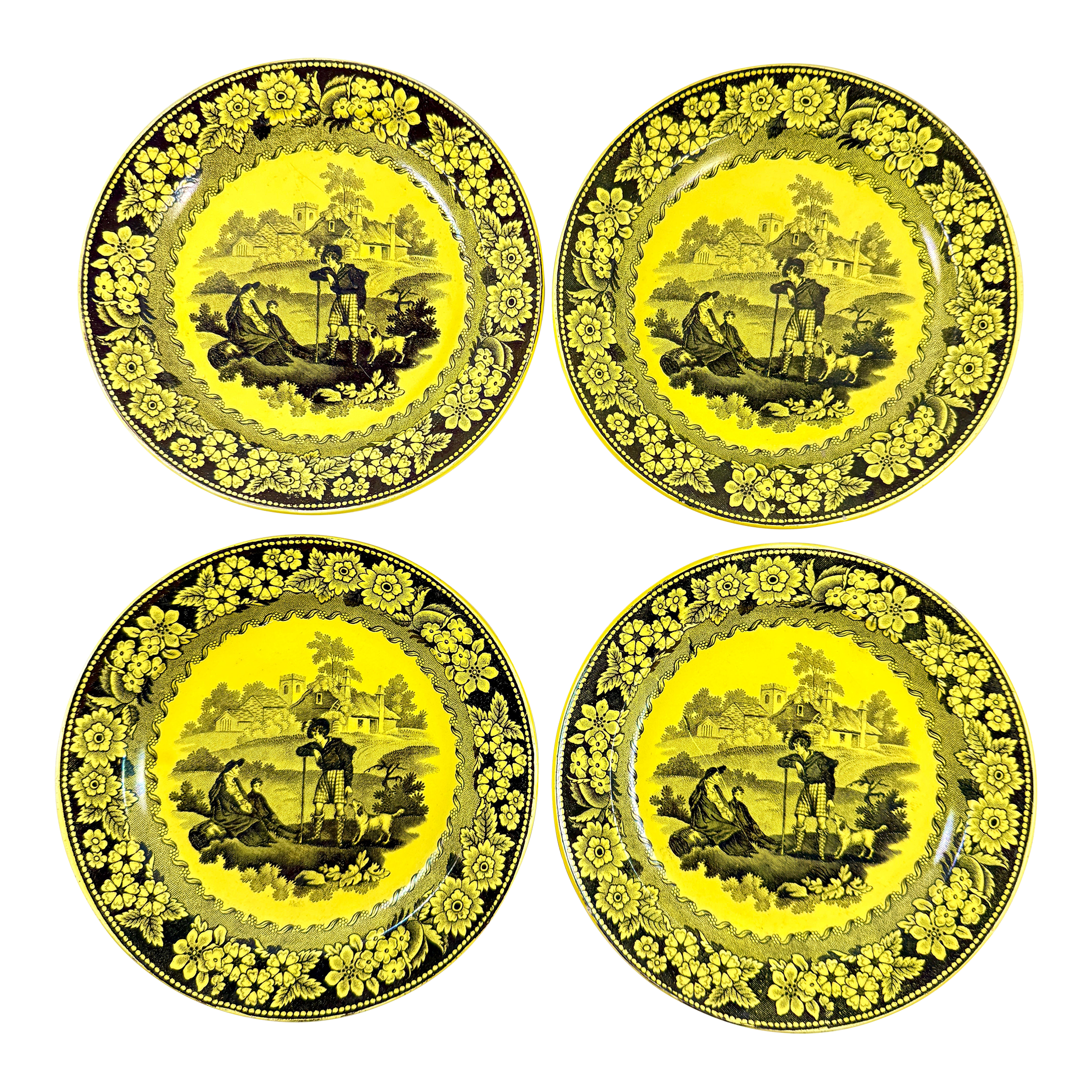 Creil Et Montereau Canary Yellow Transferware Family With Dog