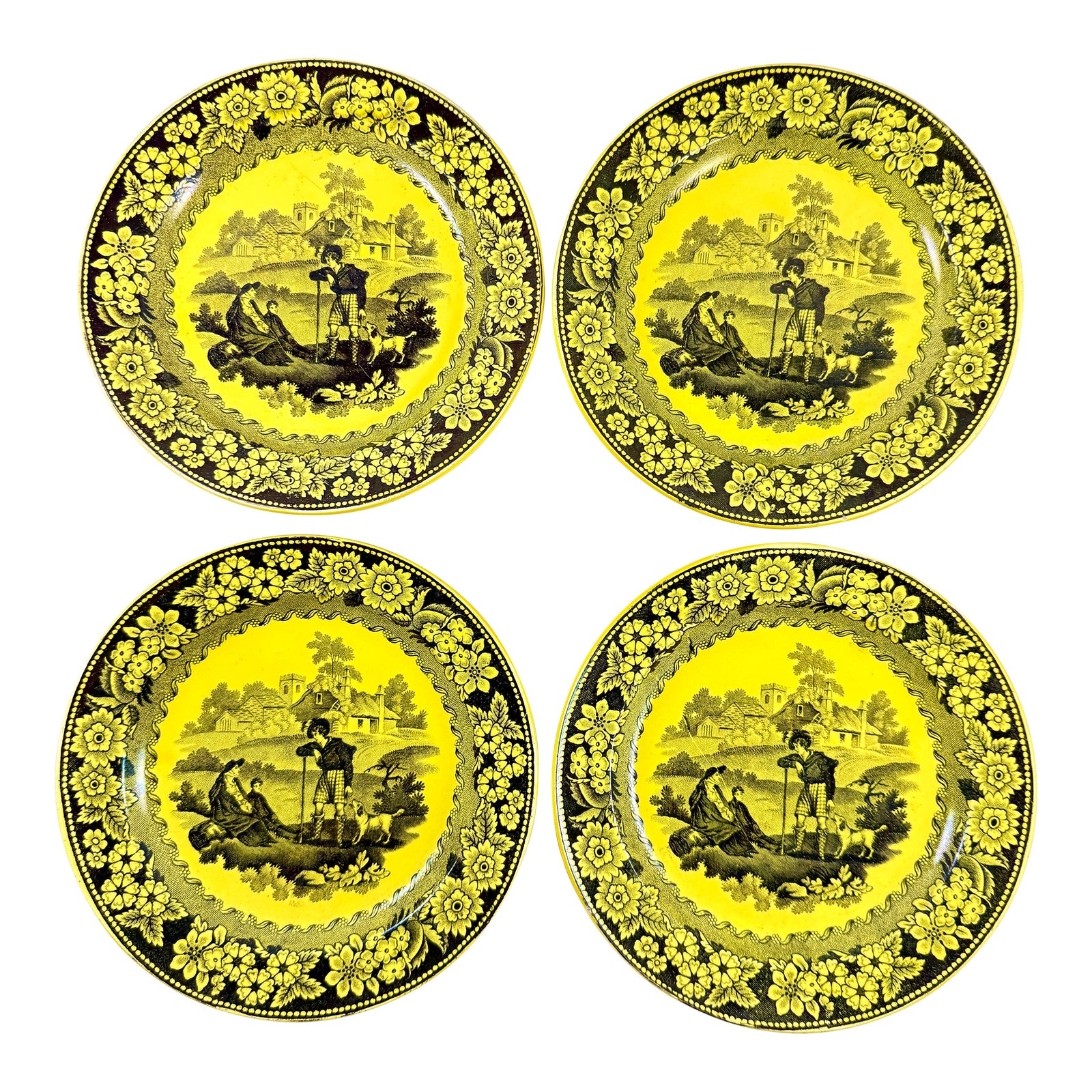 Creil Et Montereau Canary Yellow Transferware Family With Dog