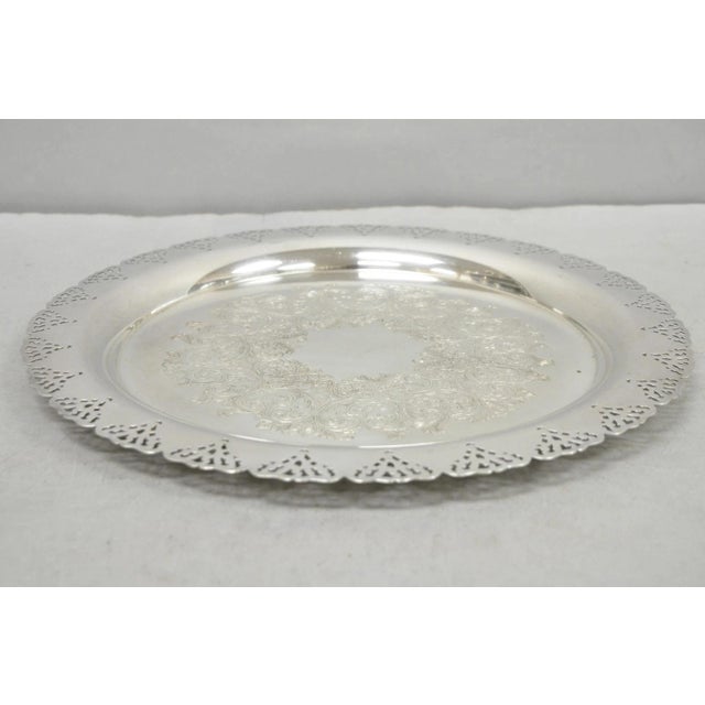 Vintage Victorian Style Round Silver Plated 15" Bar Serving Platter Tray by Home Decorators Inc. Circa Late 20th Century....