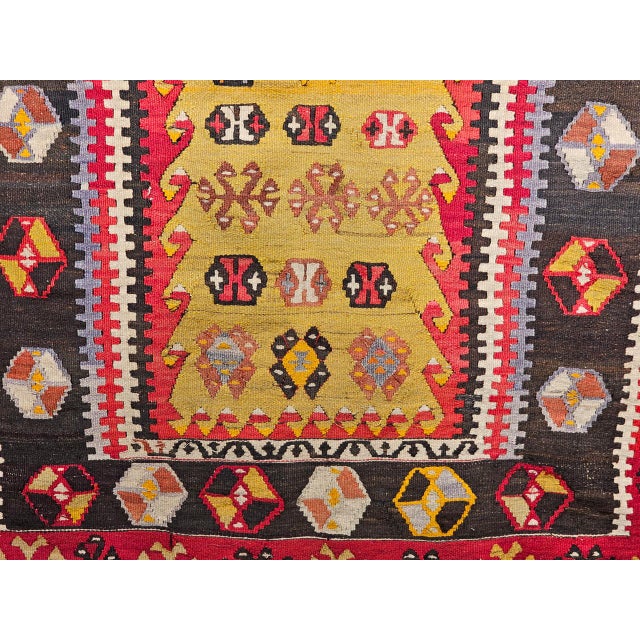 Antique Turkish Kilim, Handwoven Wool, Prayer Pattern, Pale Yellow & Red, 4x5 For Sale - Image 9 of 12