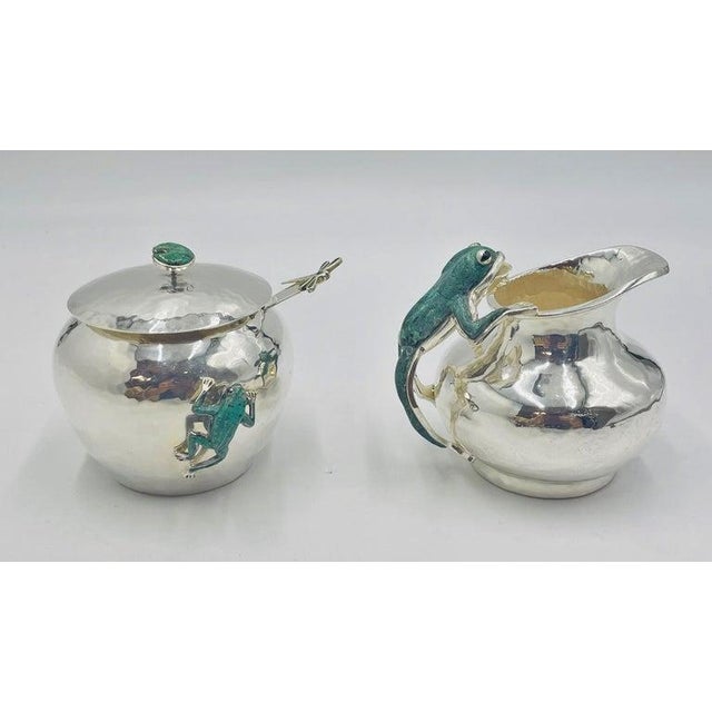 Modern 1980s Silver & Malachite Creamer, Spoon & Covered Sugar Pot Set by Emilia Castillo For Sale - Image 3 of 18