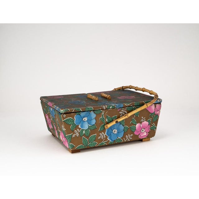 Mid-Century Sewing Basket with Bamboo Handle & Floral Decor, 1970s For Sale - Image 16 of 18