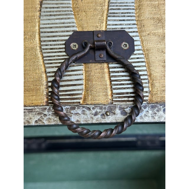 Sarreid Style Silver and Gold Tin Covered Trunk Drinks Table With Button Feet and Paper Lined Interior For Sale In Savannah - Image 6 of 12