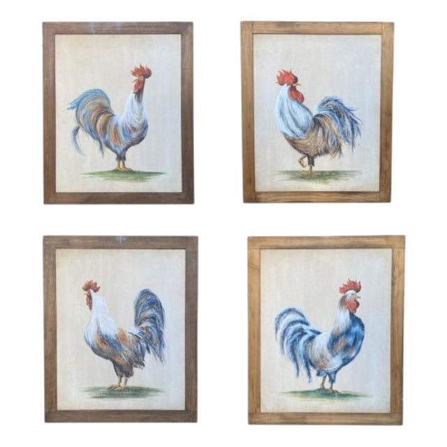 Roosters, 1920s, Oil Paintings on Panel, Framed, Set of 4 For Sale