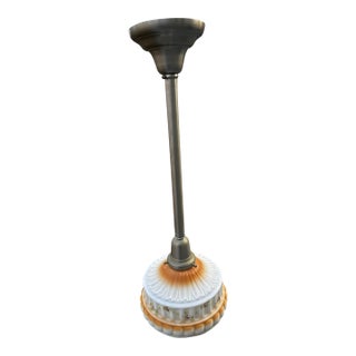 Vintage Glass Shade With Satin Nickel Pendant Fixture For Sale