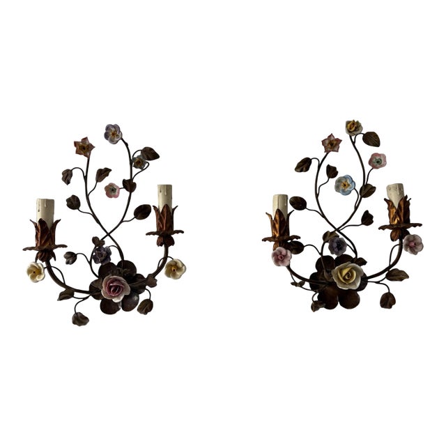 Rare 3 Sets, 6 Italian 19th Century Tole & Porcelain Roses Polychrome Sconces For Sale