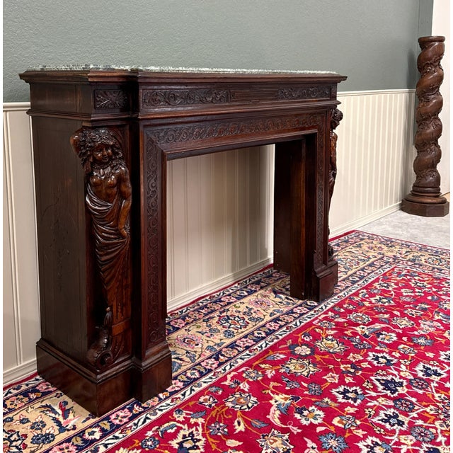 Antique French Fireplace Mantel Surround Marble Top Renaissance Revival Oak 19c For Sale - Image 13 of 18