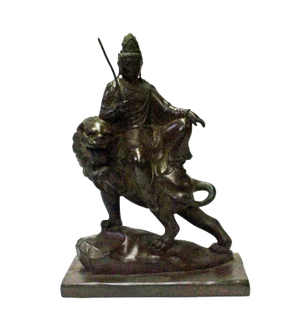 Chinese Handmade Brown Bronze Kwan Yin Riding Lion Statue