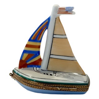 Mid 18th Century Limoges Sailboat Trinket Box Hand Painted in Limoges, France For Sale