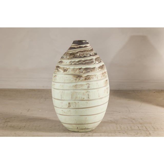 Large Artisan Cream Glazed Ceramic Vase with Brown Striated Bands For Sale - Image 4 of 17