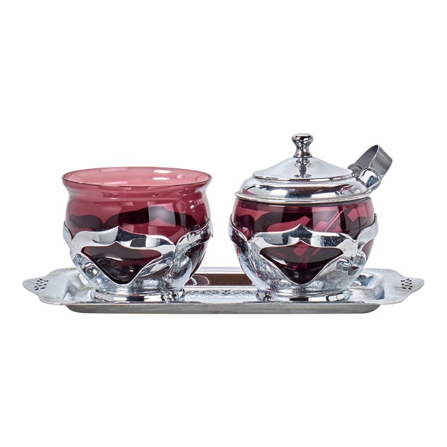 1930s Pair of Art Deco Krome Kraft Condiment Dishes - Amethyst- With Tray by Farber Bros For Sale