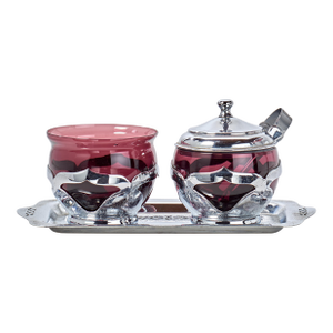 1930s Pair of Art Deco Krome Kraft Condiment Dishes - Amethyst- With Tray by Farber Bros