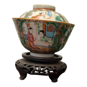 19th C. Chinese Famille Rose Figural Gaiwan With Carved Stand