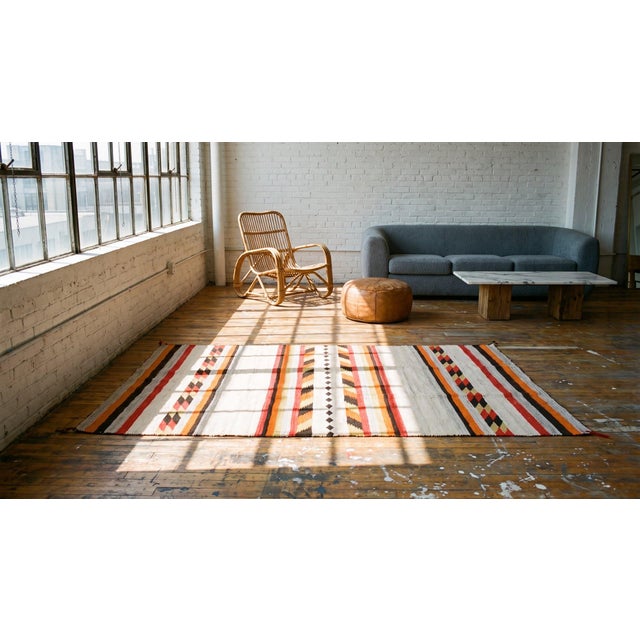 Textile 1930s Ivory Cream Geometric Stripe Antique American Navajo Rug Flat Woven 4'2" X 6'2" Wool Carpet For Sale - Image 7 of 9
