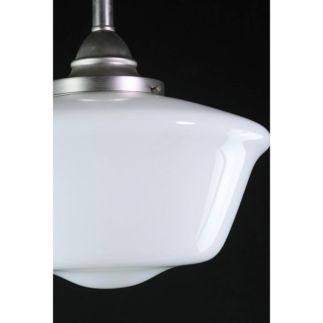 White opaline 1940s glass pendant light matched with newly wired brushed steel hardware. This is wired and ready to ship....