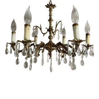 Early 20th Century Six Light Spanish Brass & Crystal Chandelier For Sale
