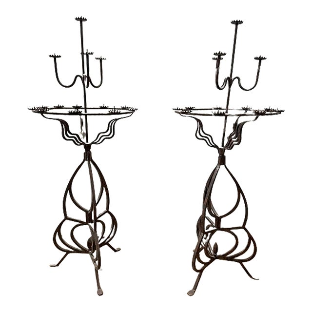 Pair of Antique Gothic Style Pedestal Candelabra Torcheres For Sale