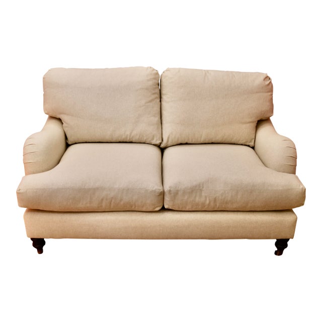 Attributed Hickory Chair Furniture Loveseat Settee Recently Re-Upholstered in Natural Belgian Linen For Sale