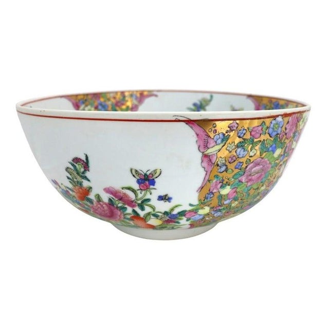 Oversized Chinese Rose Medallion Punch Bowl Flower Garden & Butterflies C1930 For Sale - Image 9 of 15
