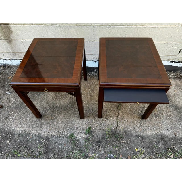 Chinese Late 20th Century Pair of Mahogany Chinese Chippendale Style End Tables With Writing Surfaces For Sale - Image 3 of 8