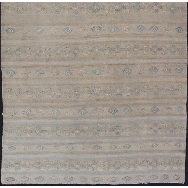 Mid 20th Century Turkish Vintage Gallery Flat-Weave Kilim With Stripes and Embroideries For Sale - Image 5 of 12