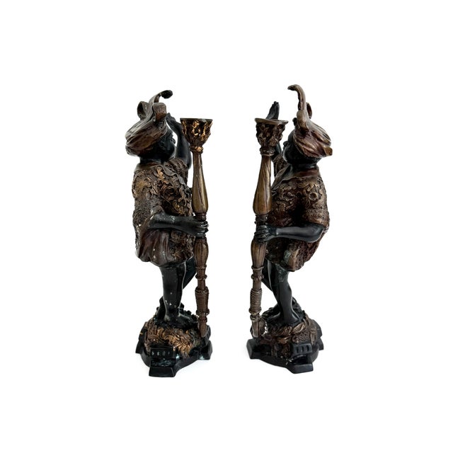 Rococo Mid-20th C Venetian-Style Moorish Figural Bronze Candlesticks - A Pair For Sale - Image 3 of 10