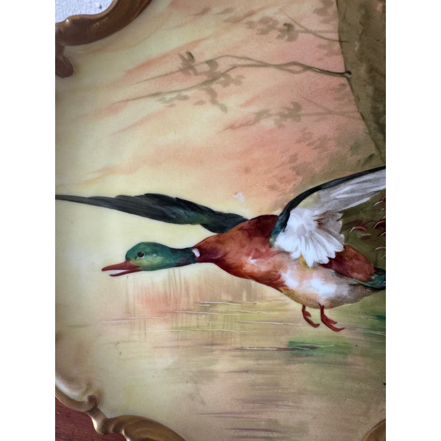 Ceramic Antique Limoges Coronet France Hand Painted Mallard Duck Plate With Gilded Rococo Rim For Sale - Image 7 of 11