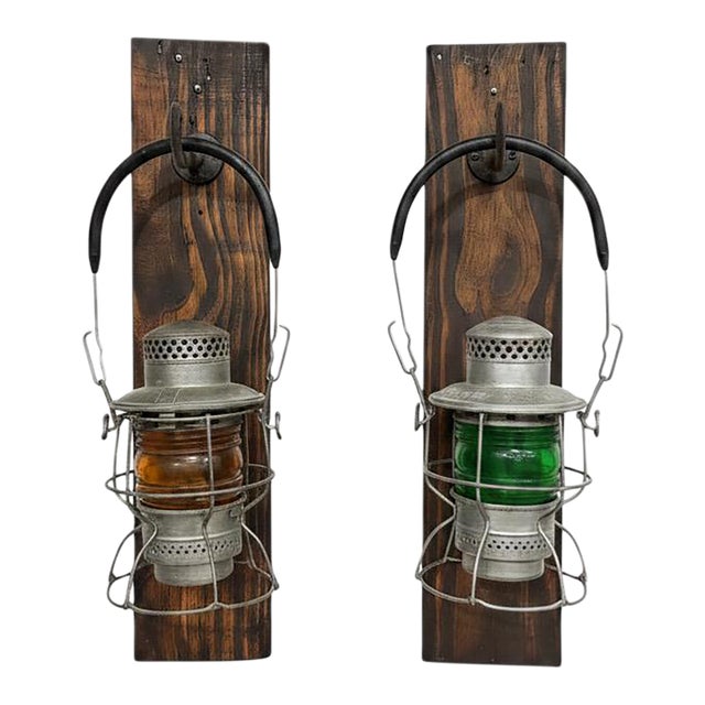 Vintage Railroad Lantern Wall Sconce on Rustic Wood Mounts (Pair) For Sale