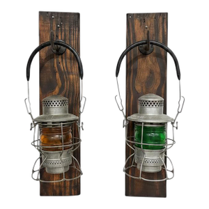 Vintage Railroad Lantern Wall Sconce on Rustic Wood Mounts (Pair)