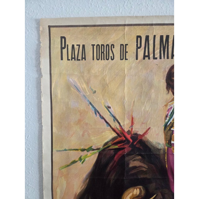 This original 1963 Spanish bullfighting event poster advertises a corrida held at the Plaza de Toros in Palma de Mallorca,...