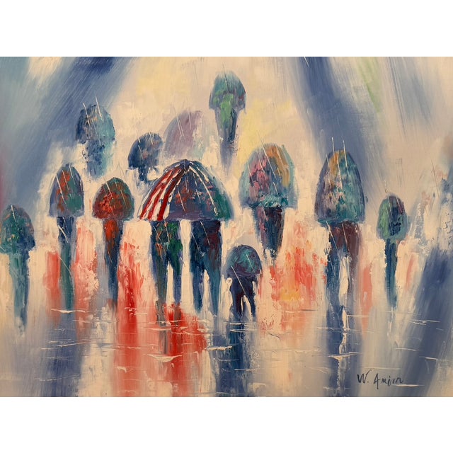 A captivating mid-to-late 20th-century impressionist cityscape by the mid-century artist W. Amion, depicting a bustling...