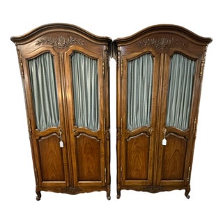 1950s Pair of Kindel "Beauclair" French Louis XV Style Walnut Chifferobes With Silk Panels For Sale