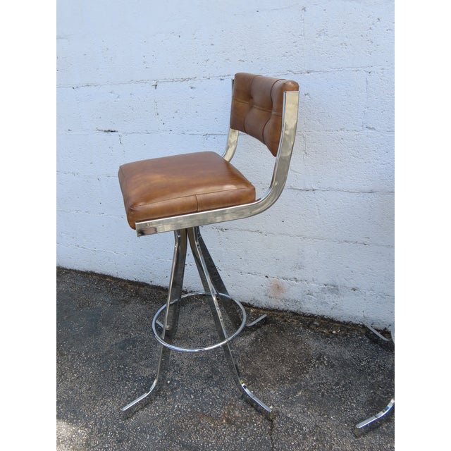 Retro Mid Century Modern Swivel Vinyl and Chrome Barstools a Set of Three 6373 For Sale - Image 12 of 17