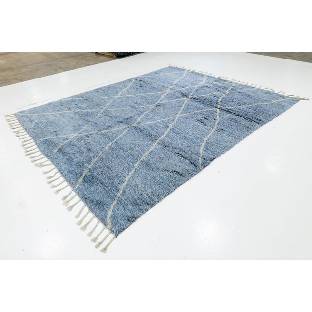 Handmade Moroccan Style Wool Rug With Soft Lattice Geometric in Denim Blue 8x10 For Sale - Image 11 of 12