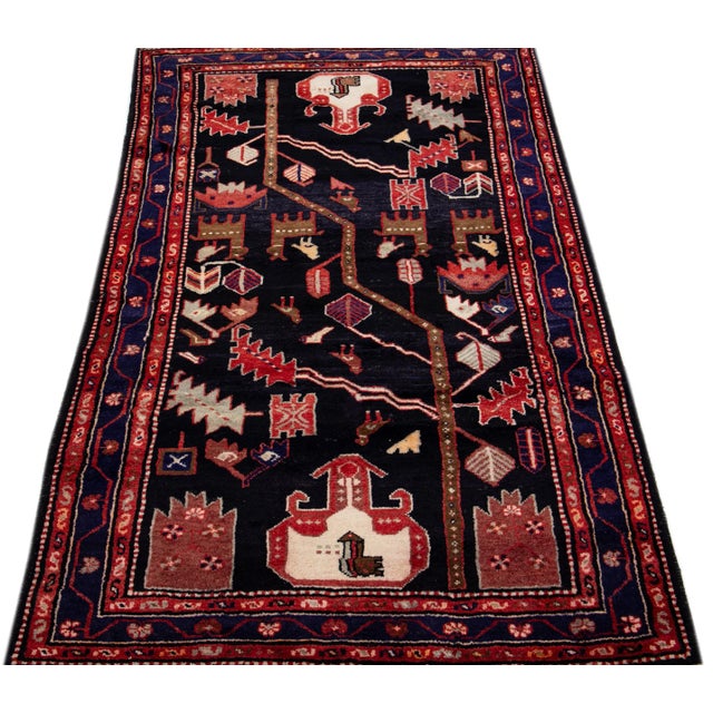 Persian 1960s Vintage Malayer Handmade Pictorial Navy Blue Wool Rug For Sale - Image 3 of 7
