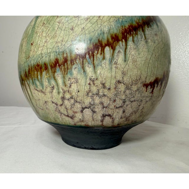 Vintage Signed Tom Neugebauer Black Green Drip Glaze Raku Blackware Pottery Vase For Sale - Image 11 of 14