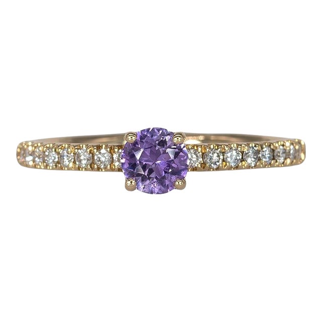 Purple Sapphire Round Ring With Natural Diamond Halo: Solid 14k Gold, Size 6.75 For Sale