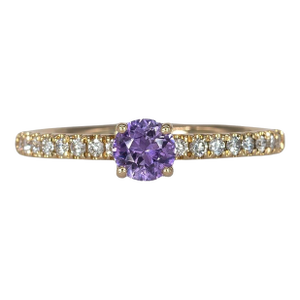 Purple Sapphire Round Ring With Natural Diamond Halo: Solid 14k Gold, Size 6.75