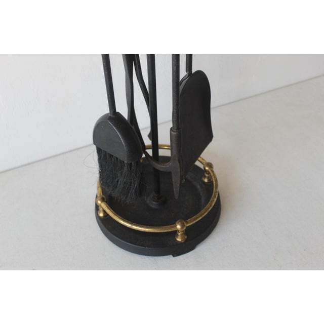 1970s Pilgrim Vintage Mid-Century Brass Black Iron Fireplace Tool Set With Stand- 5 Pieces For Sale - Image 5 of 12