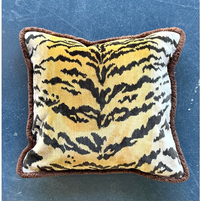 Yellow Vintage Regency Scalamandre “Le Tigre” Velvet Throw Pillow With Caterpillar Fringe For Sale - Image 8 of 12